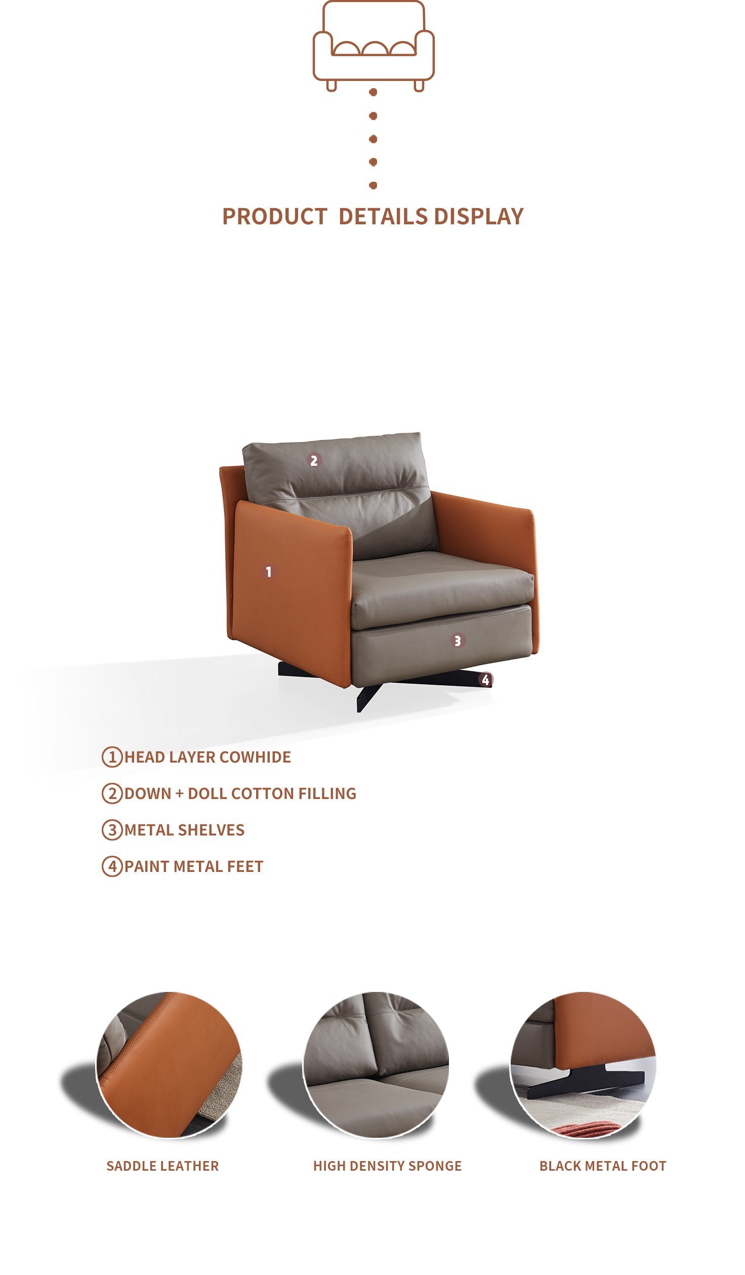 Single Seater High Quality Nappa Leather Sofa Home Hotel Office Living Room Furniture