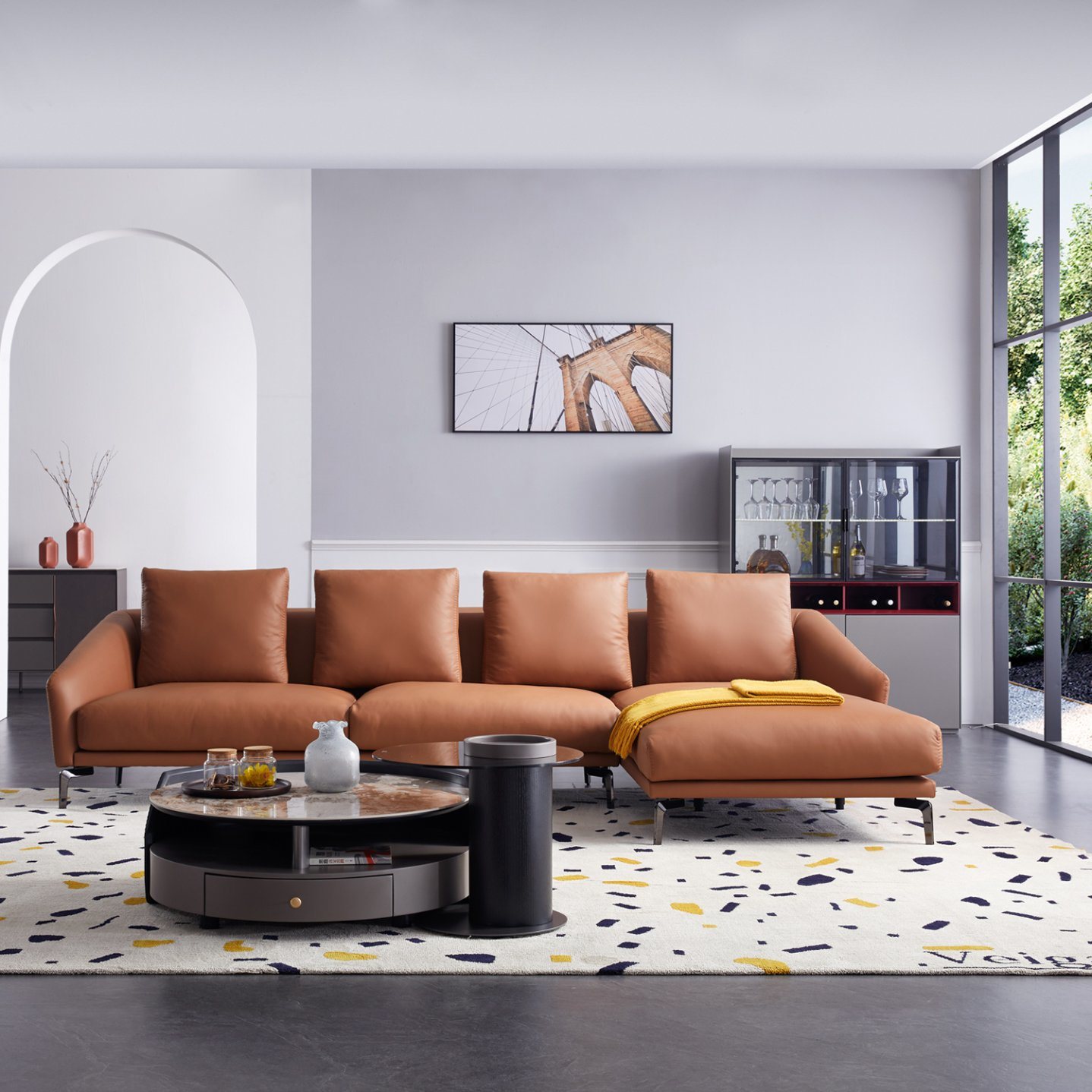 Modern Living Room Three Seaters Leather Sofa